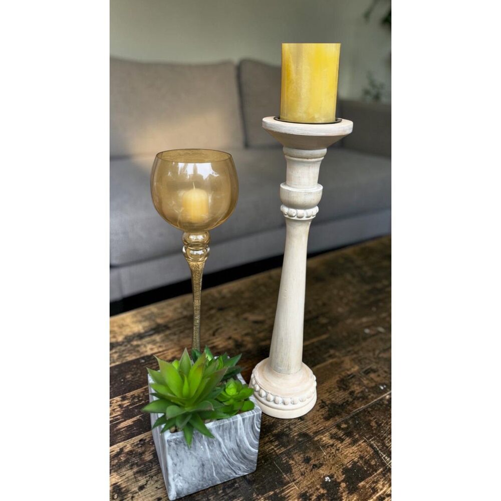 Curated Candle Trio: Amber Crystal Goblet, Wood Stand & Mini Succulent